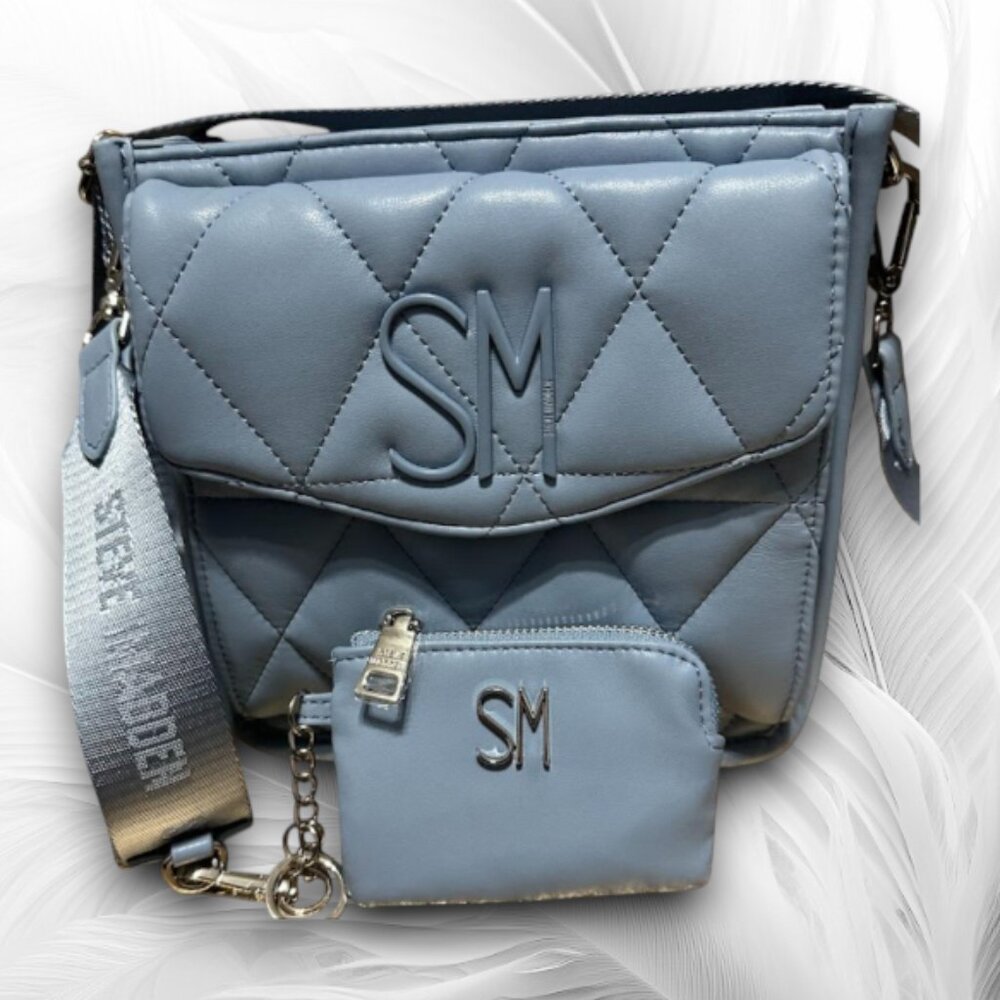 Steve Madden Quilted Crossbody Bag with Coin Pouch – Light Blue 8 x 8 x 3 inch